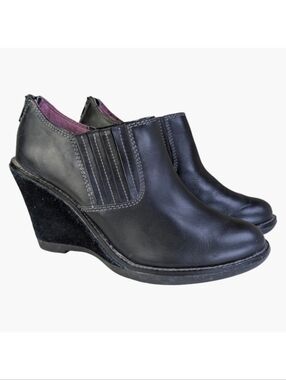 Hush Puppies Black Leather Western Wedge Clogs | Suede Heel | Size 7.5